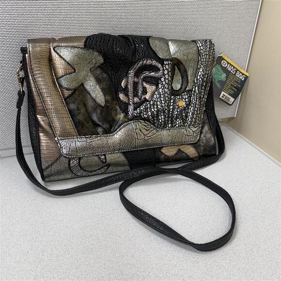 VTG Alentino NAS Bag Brown 80's Faux Frog Skin Leather Patchwork Handbag Purse - Picture 1 of 8